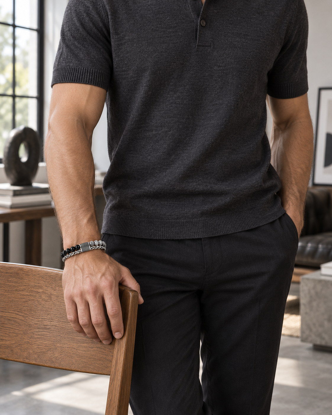 Bead and Wheat Chain Bracelet — contextual scene, torso and hands