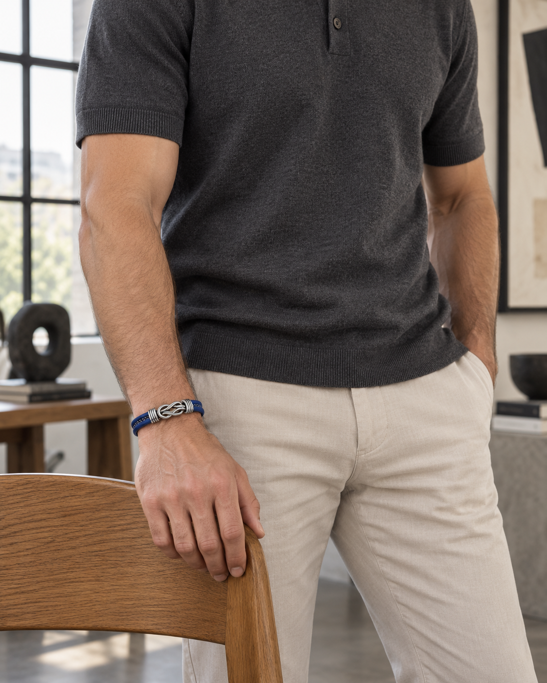 Blue Knot Band Bracelet — contextual scene, torso and hands