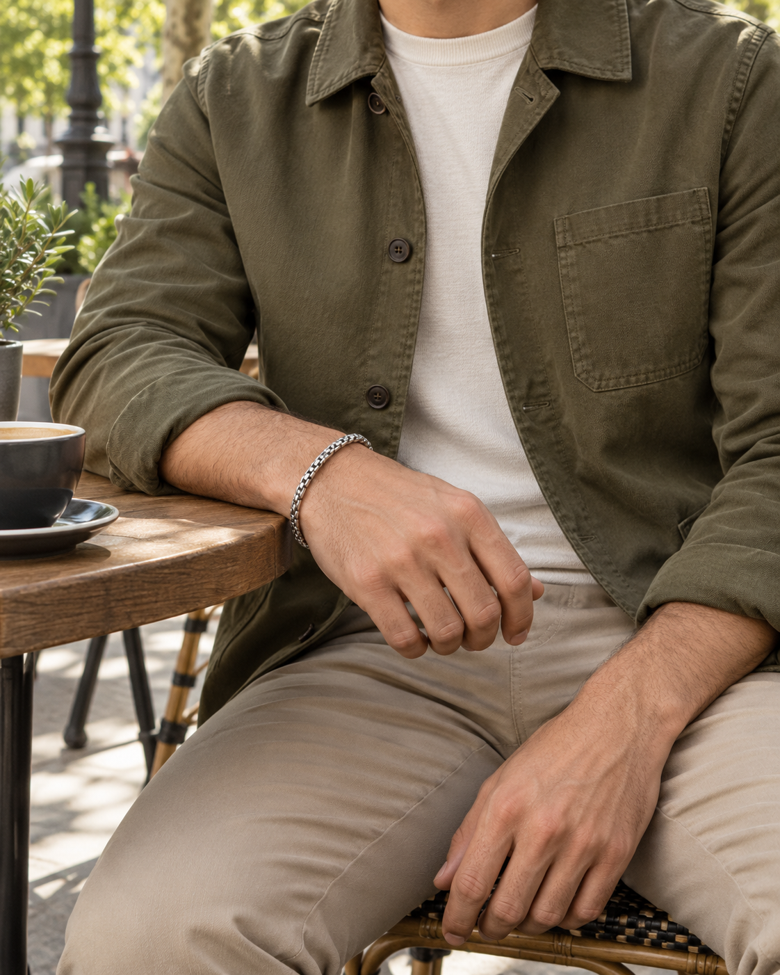 Box Link Bracelet — contextual scene, torso and hands