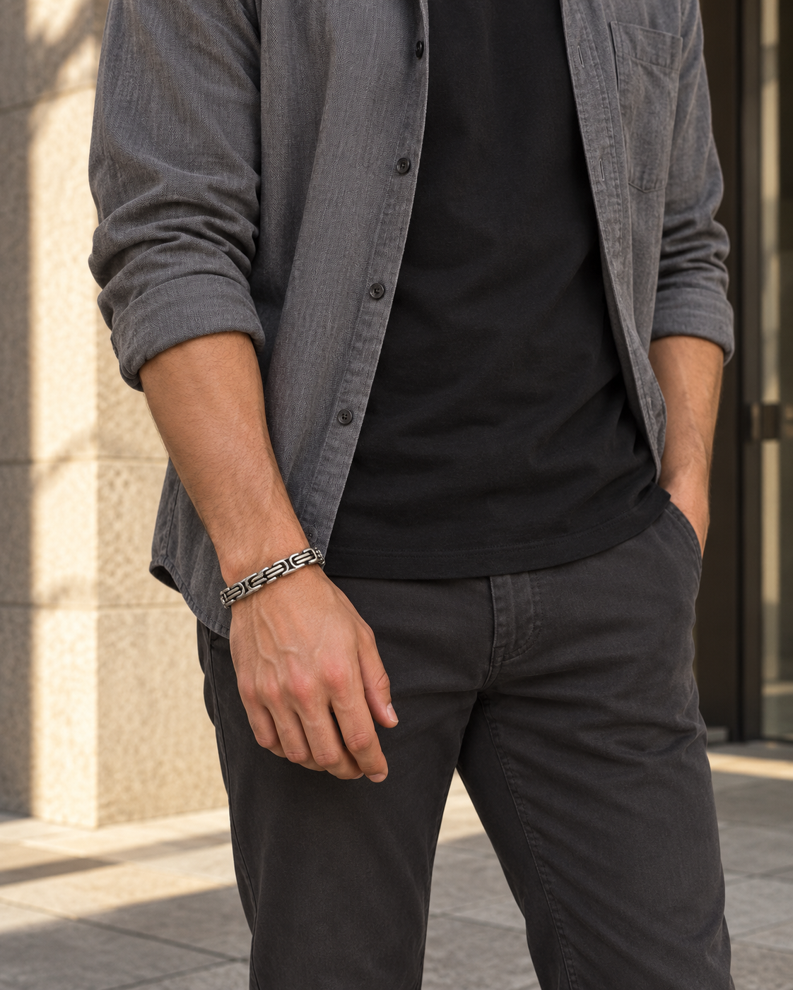 Byzantine Link Bracelet — contextual scene, torso and hands