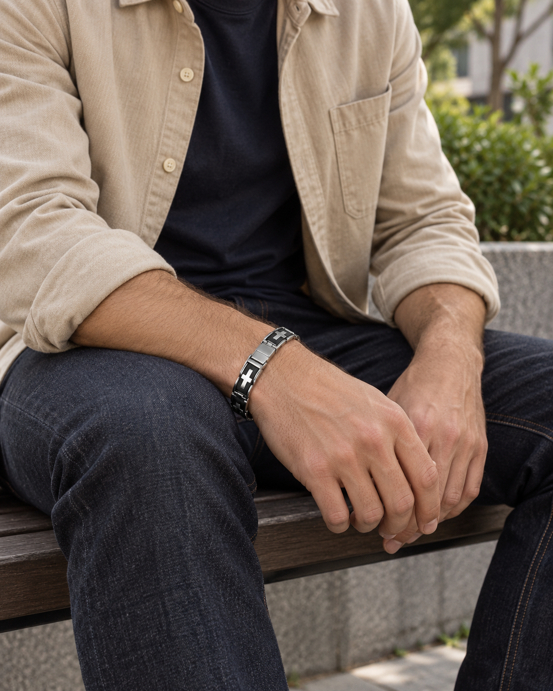 Cross Panel Link Bracelet — contextual scene, torso and hands
