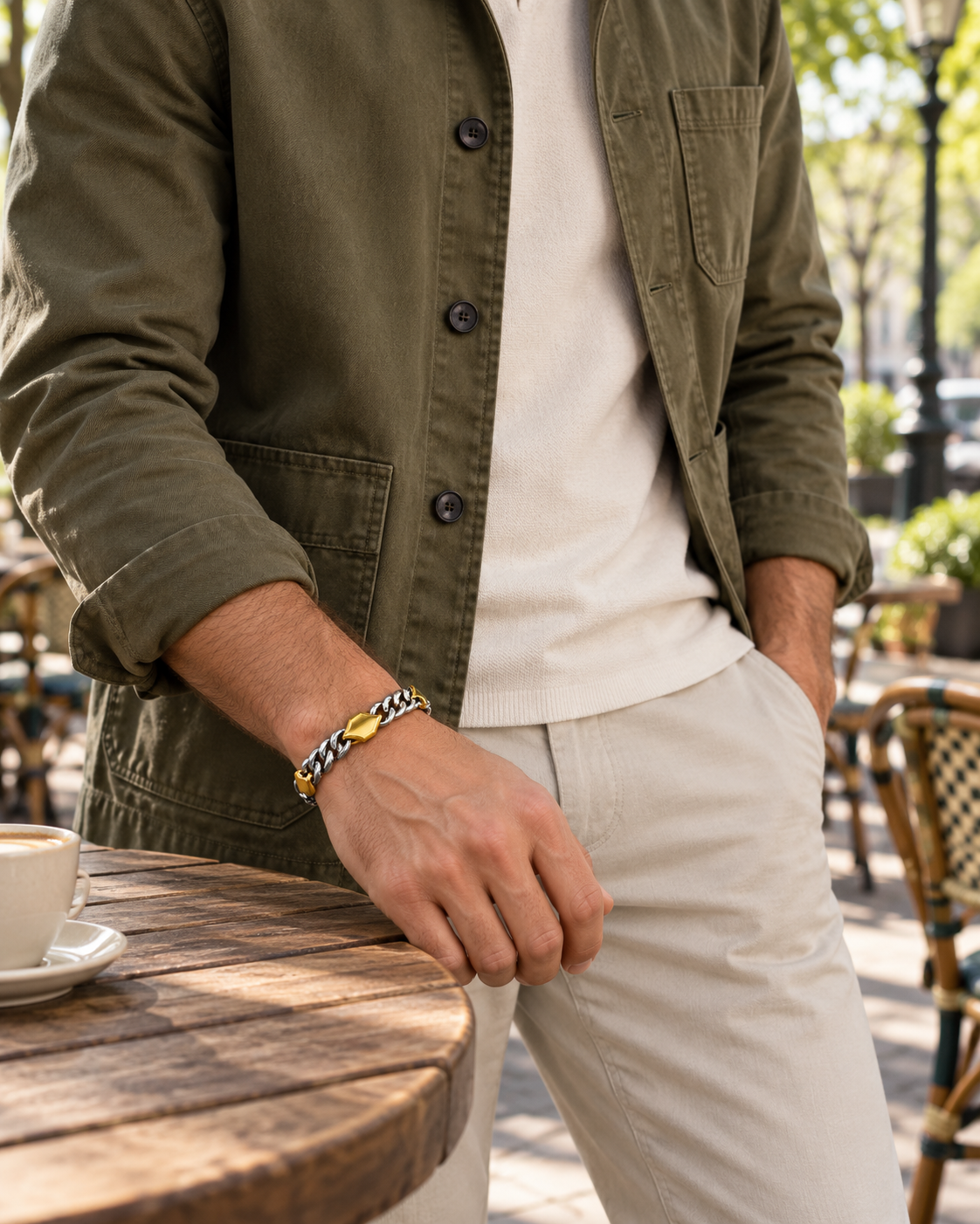 Gold Accent Curb Bracelet — contextual scene, torso and hands