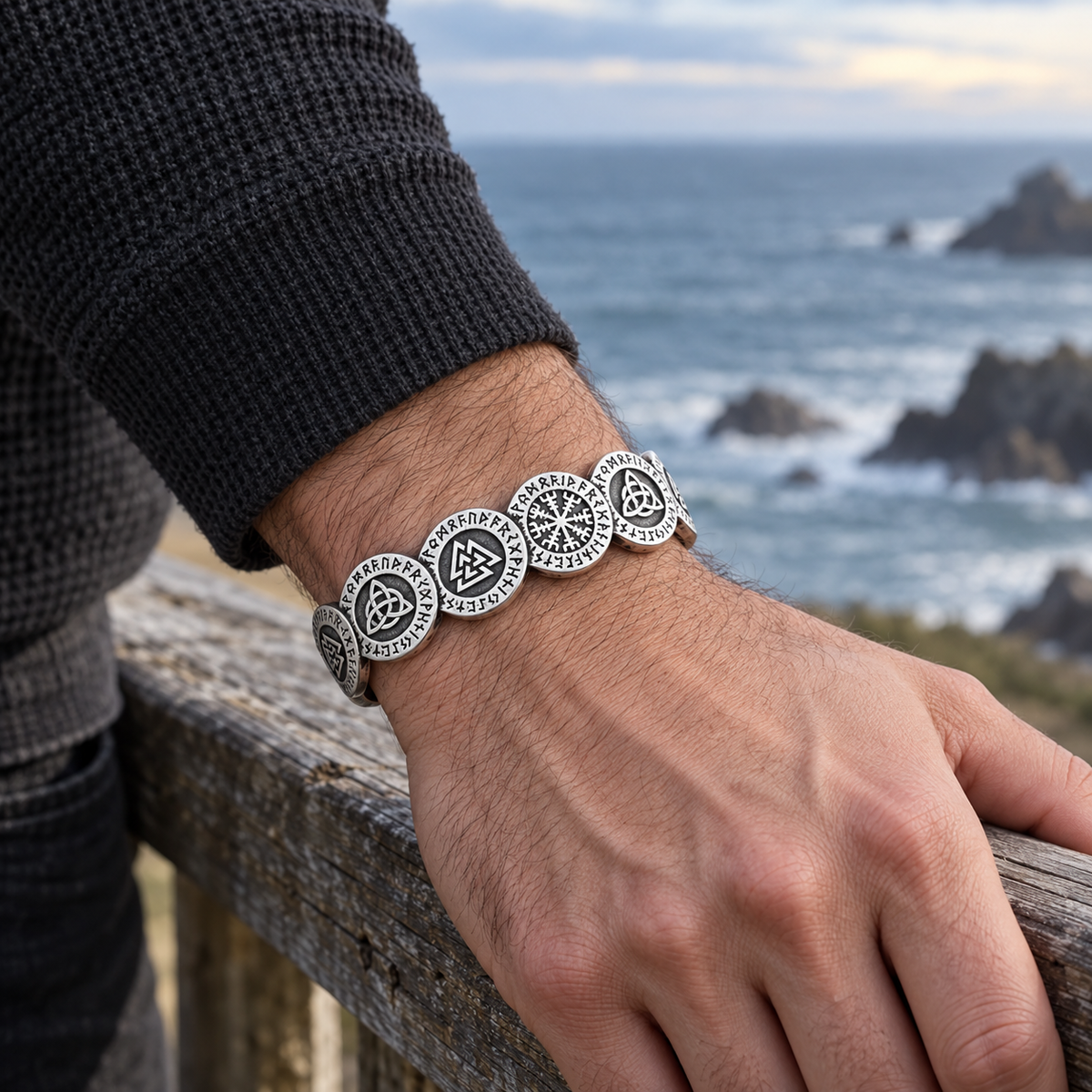 Men's Symbol Circle Cuff in Silver-Tone Steel – contextual scene, on wrist with charcoal knit