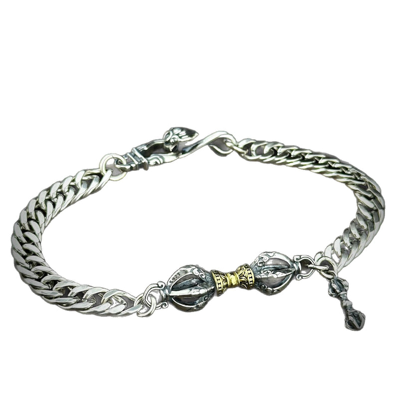 Men's Vajra Centre Sterling Silver Chain Bracelet in 925 Sterling Silver with Gold-Tone Centre Accent – front view