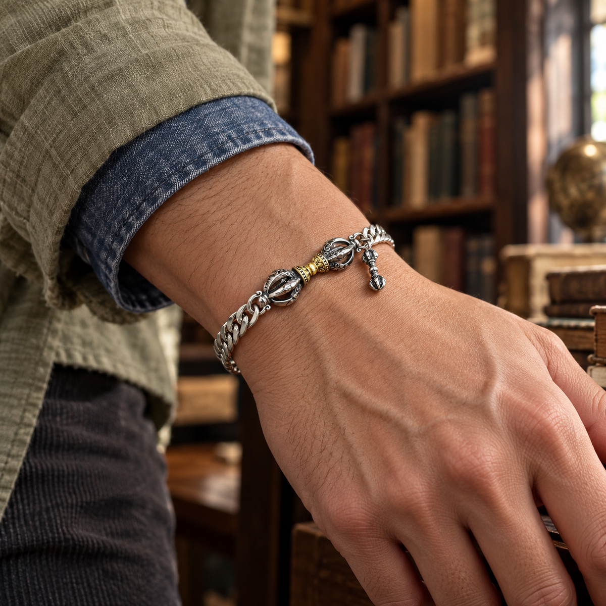 Men's Vajra Centre Sterling Silver Chain Bracelet in 925 Sterling Silver with Gold-Tone Centre Accent – contextual scene, on wrist