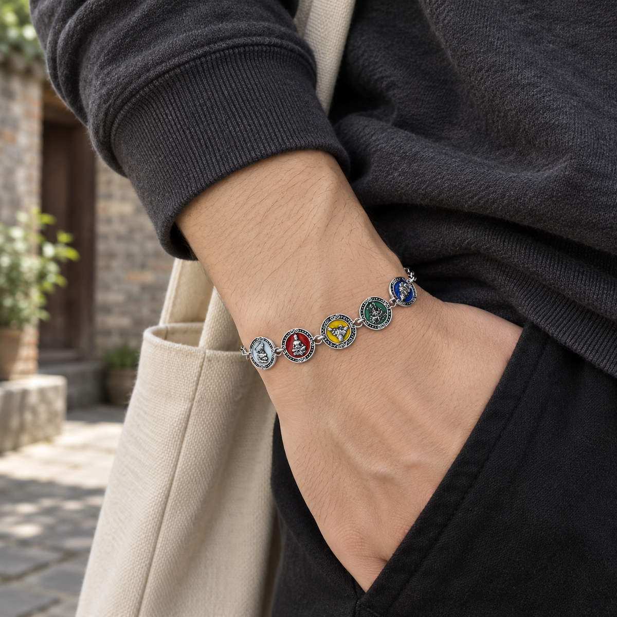 Men's Five Colour Medallion Bracelet in 925 Sterling Silver with Enamel – contextual scene, on wrist