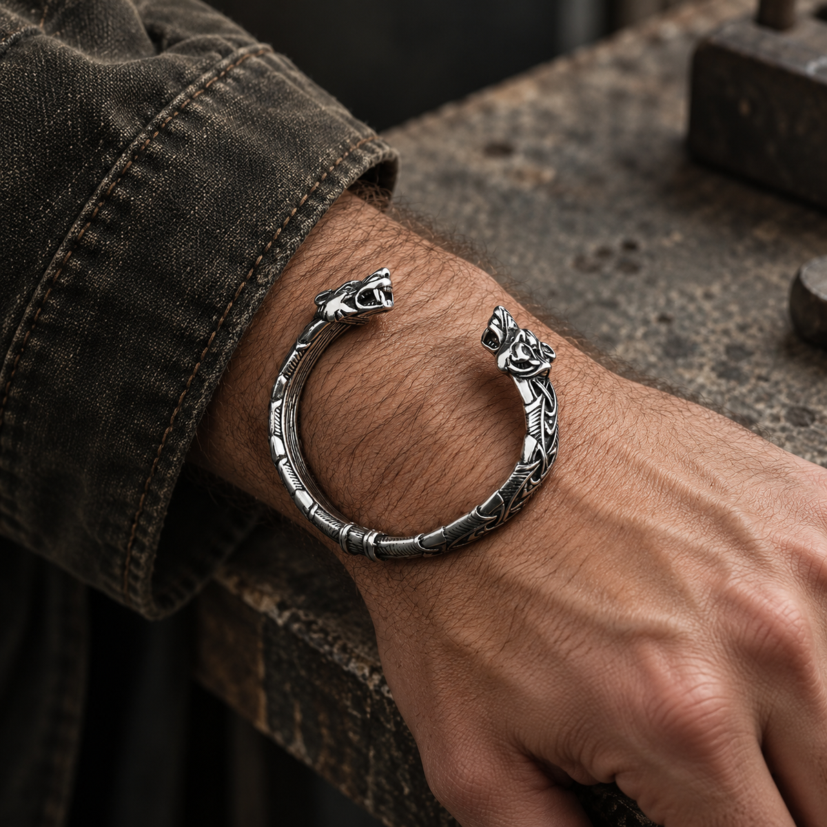 Men's Segmented Wolf Cuff in Silver-Tone Steel – contextual scene, on wrist