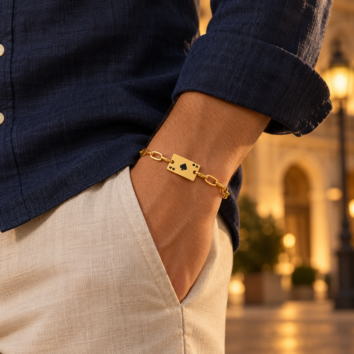 Men's Ace Panel Bracelet in Gold-Tone Plated Steel – contextual scene, on wrist