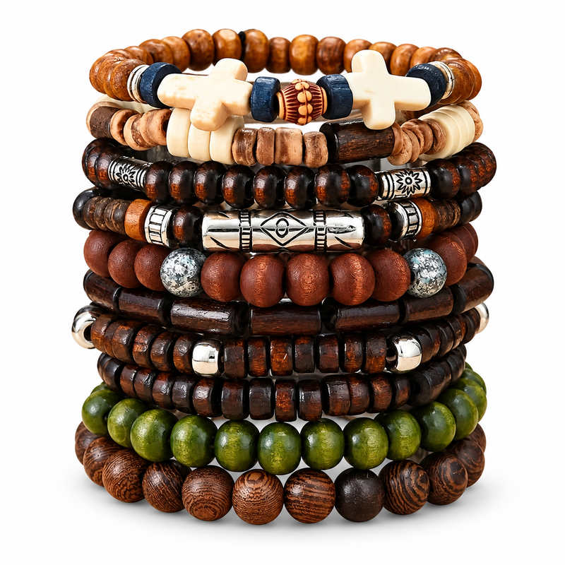 Men's Woodland Ten Bracelet Set in brown wood and coconut shell – front view of all ten bracelets