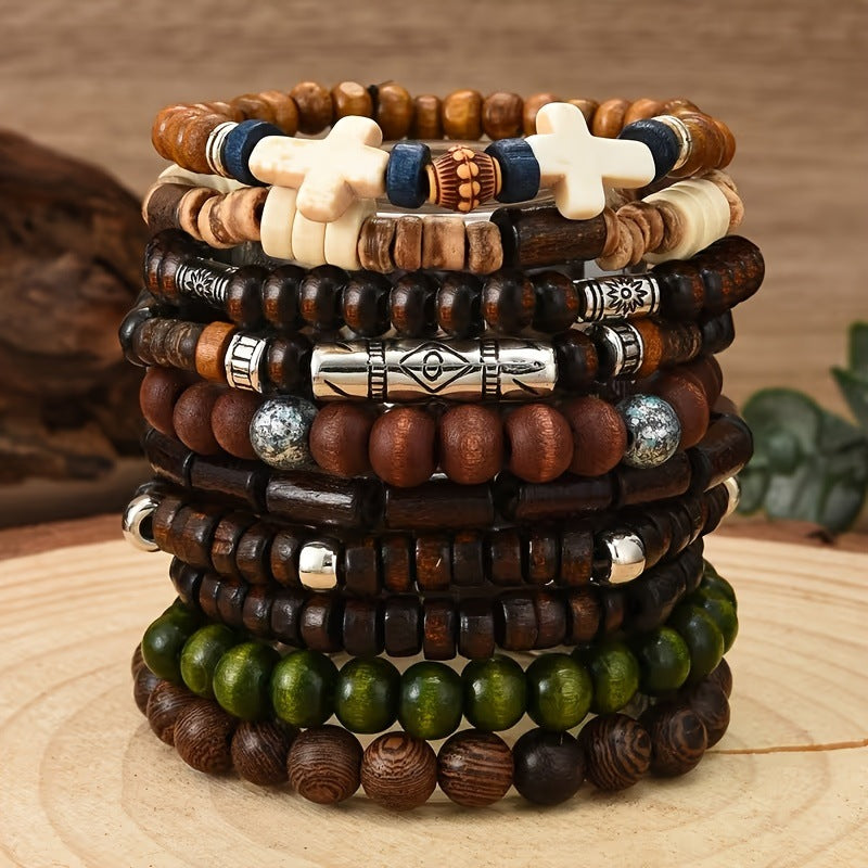 Men's Woodland Ten Bracelet Set in brown wood and coconut shell – original detail of the ten bracelet stack