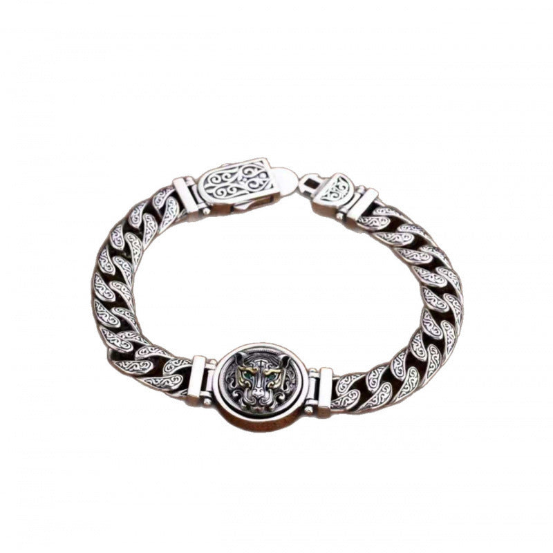 Men's Tiger Medallion Curb Bracelet in Sterling Silver – front view