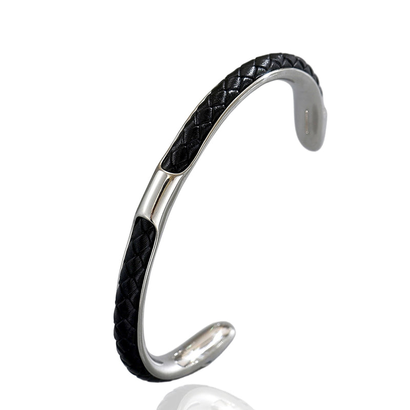 Men's Inlay Arc Cuff in black and silver-tone stainless steel – front view