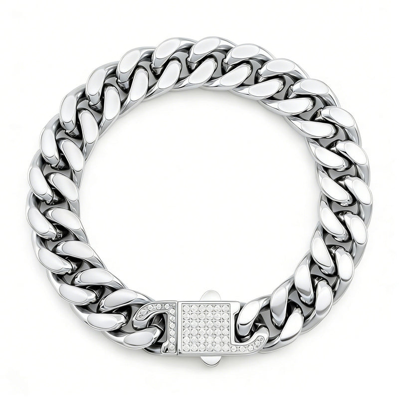 Men's Pavé Lock Cuban Bracelet in silver-tone Stainless Steel – front view
