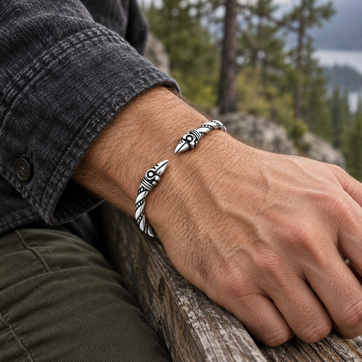 Men's Raven Twist Cuff Bracelet in Steel; Silver-Tone Finish – contextual scene, on wrist
