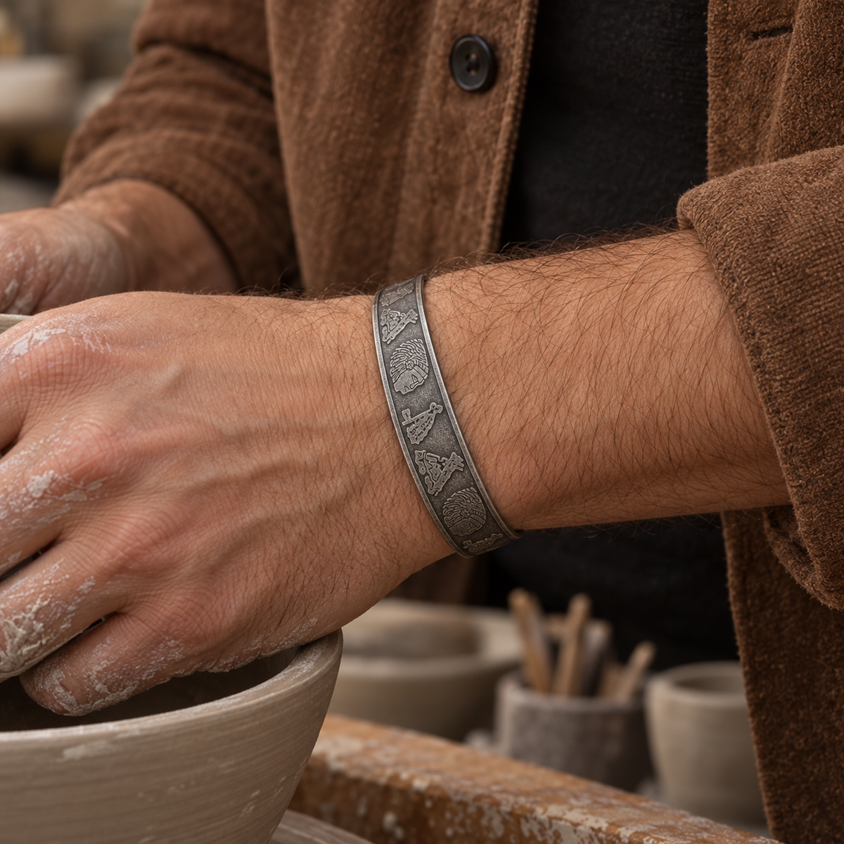 Men's Portrait Panel Cuff in silver-tone Steel – contextual scene, on wrist