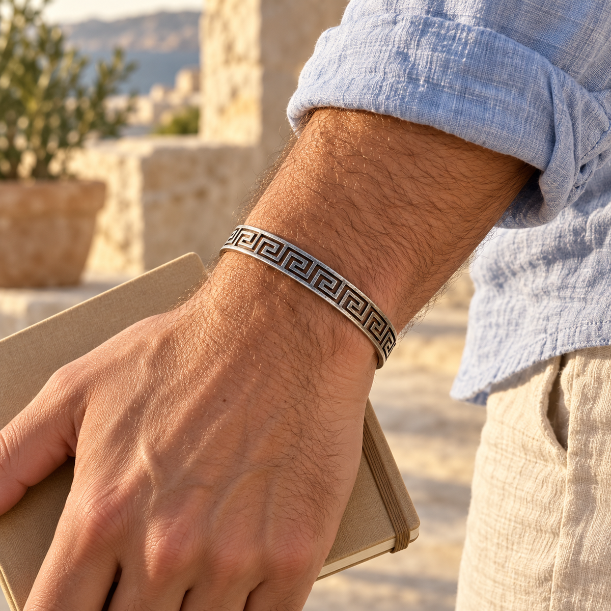 Men's Open Meander Cuff in Silver-Tone Steel – contextual scene, on wrist