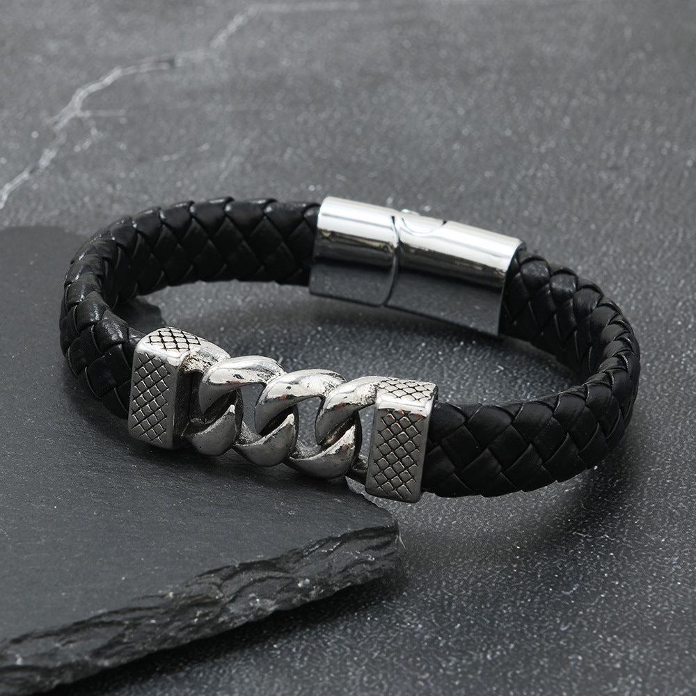 Men's Curb Centre Braid Bracelet in Black – original detail