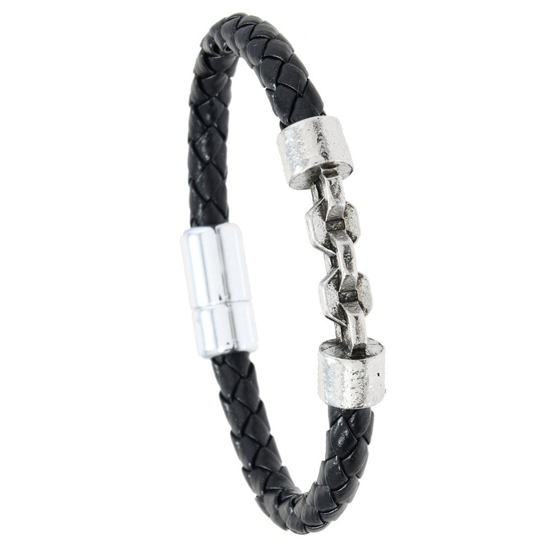Men's Open Link Leather Braid Bracelet in Black – front view