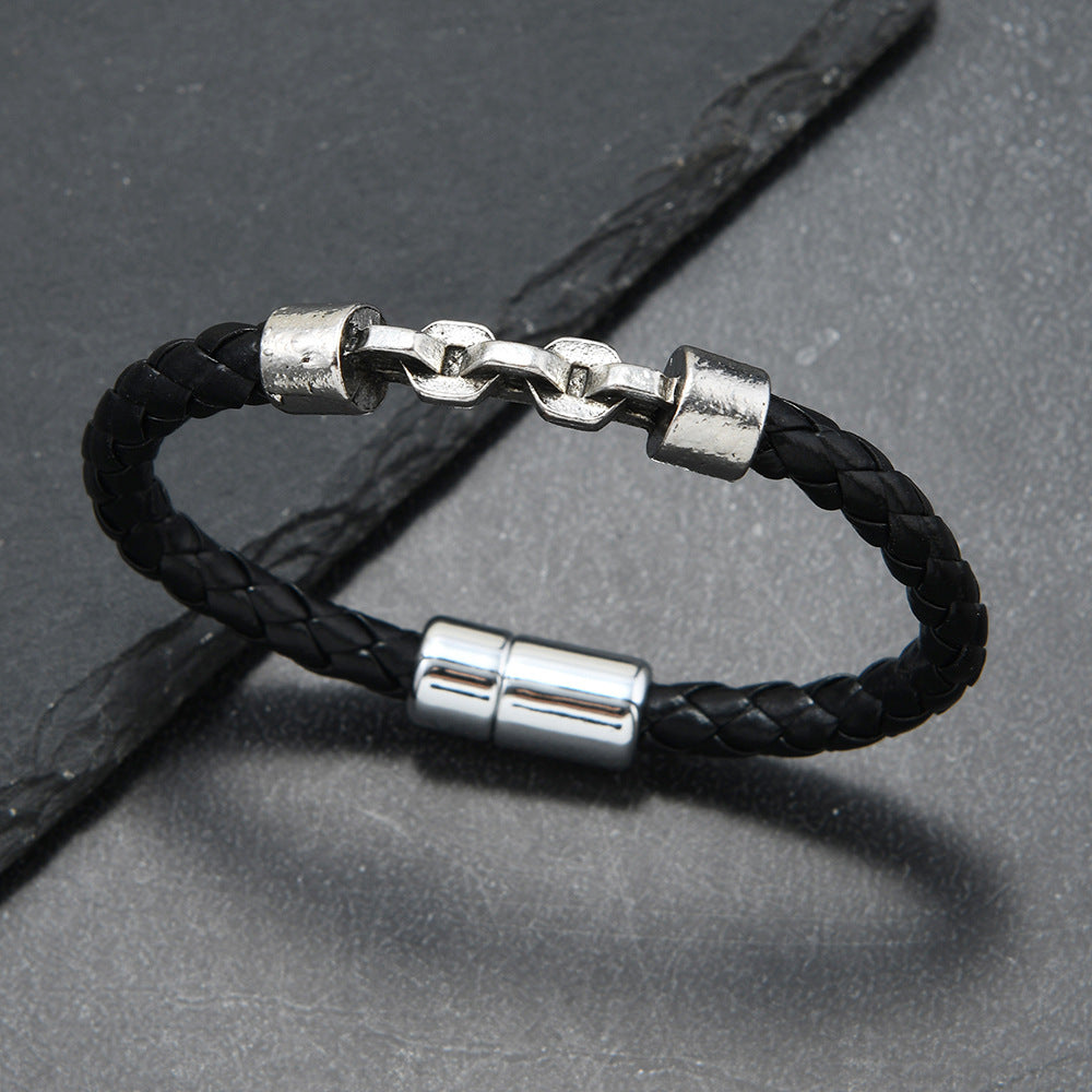 Men's Open Link Leather Braid Bracelet in Black – original detail