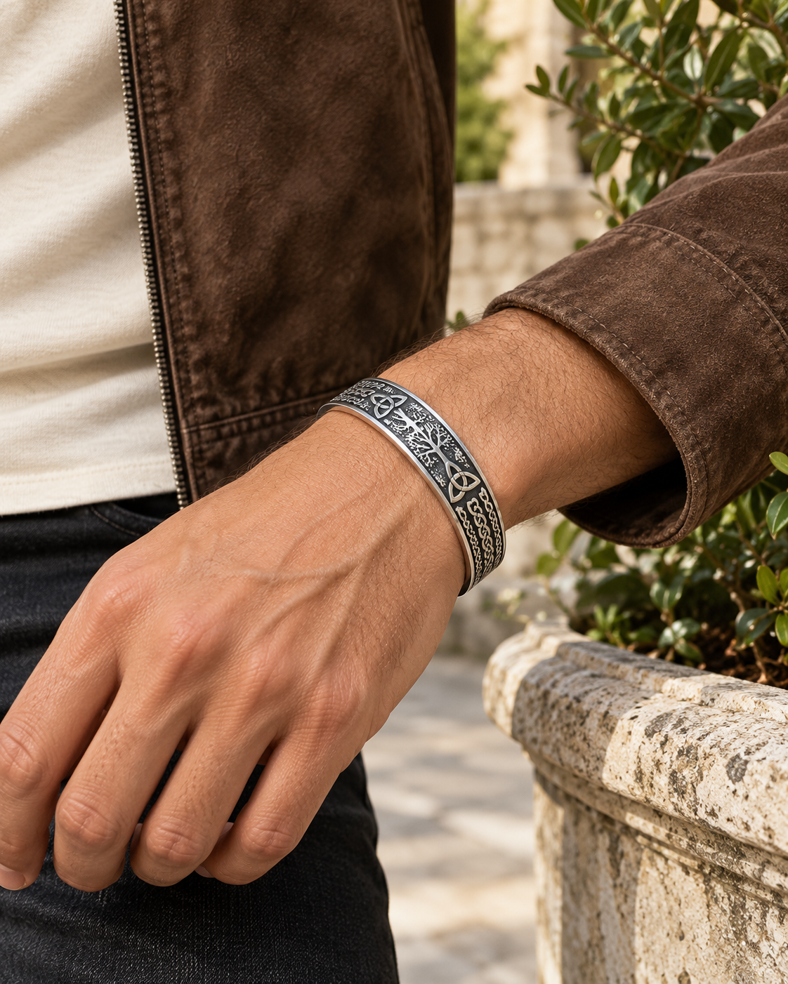 Men's Tree Knot Cuff in silver-tone Steel – contextual scene, on wrist