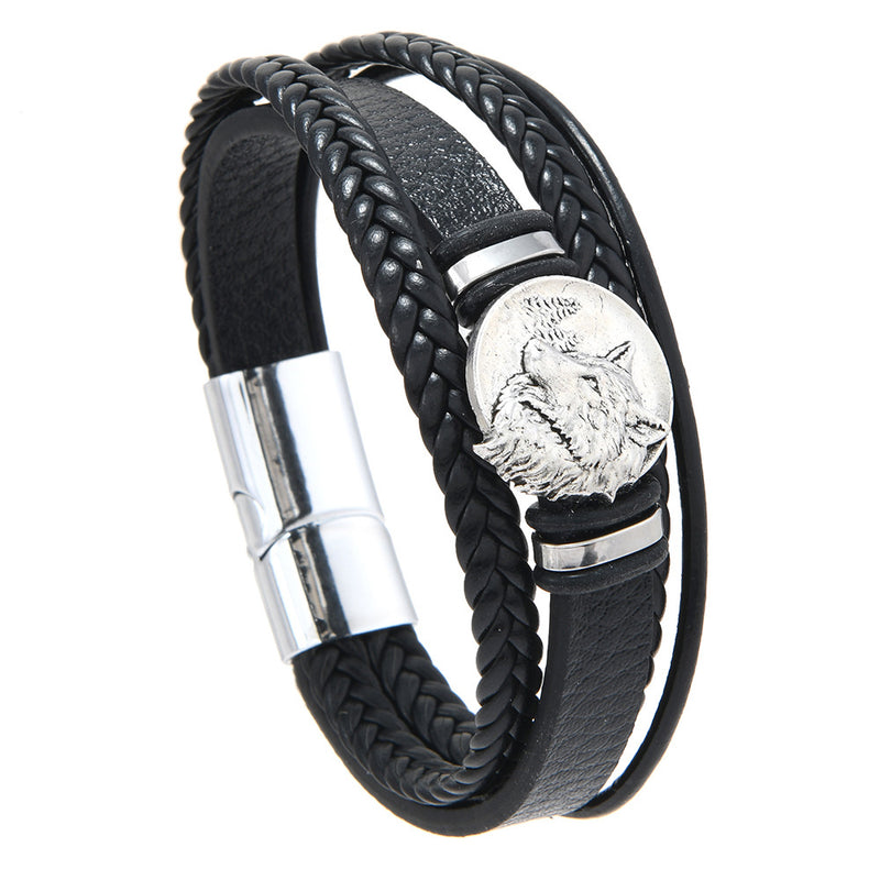 Men's Wolf Medallion Braid Bracelet in Black – front view