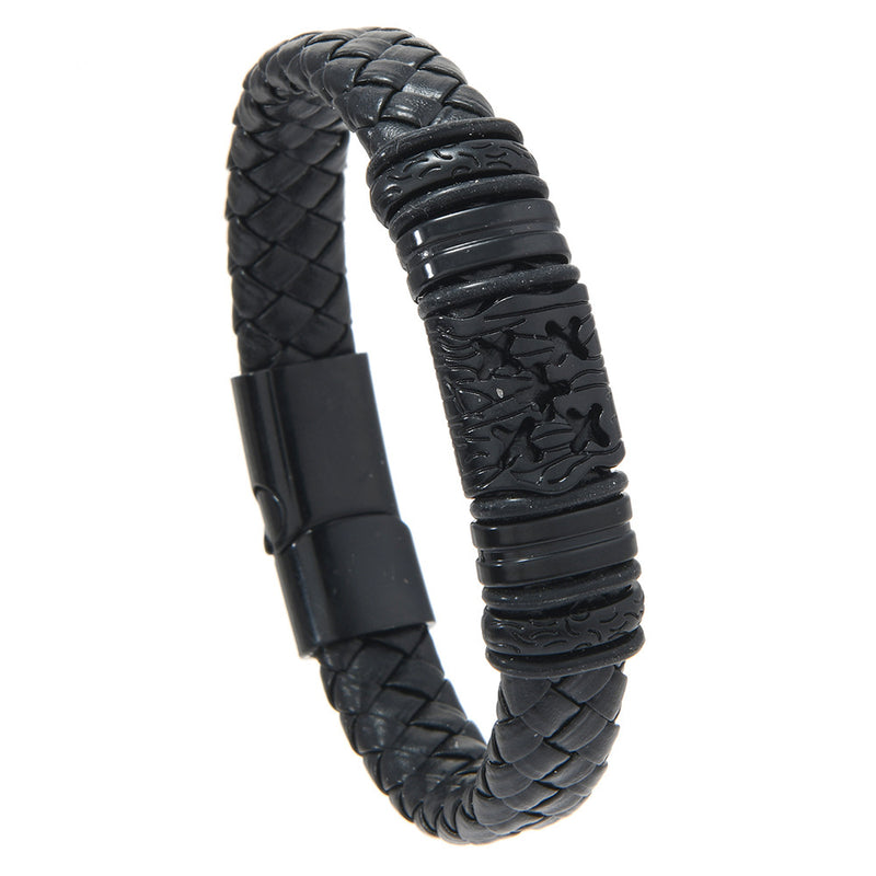 Men's Carved Barrel Braid Bracelet in Black – front view