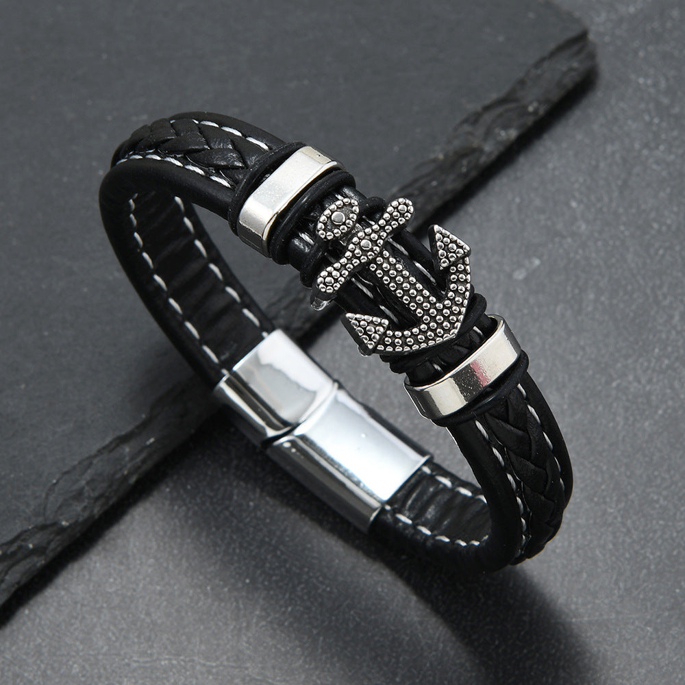 Men's Stitched Anchor Braid Bracelet in Black – original detail