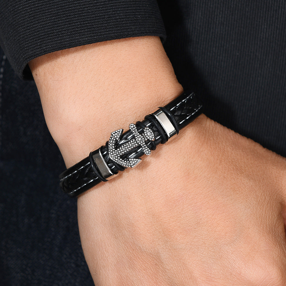 Men's Stitched Anchor Braid Bracelet in Black – contextual scene, on wrist