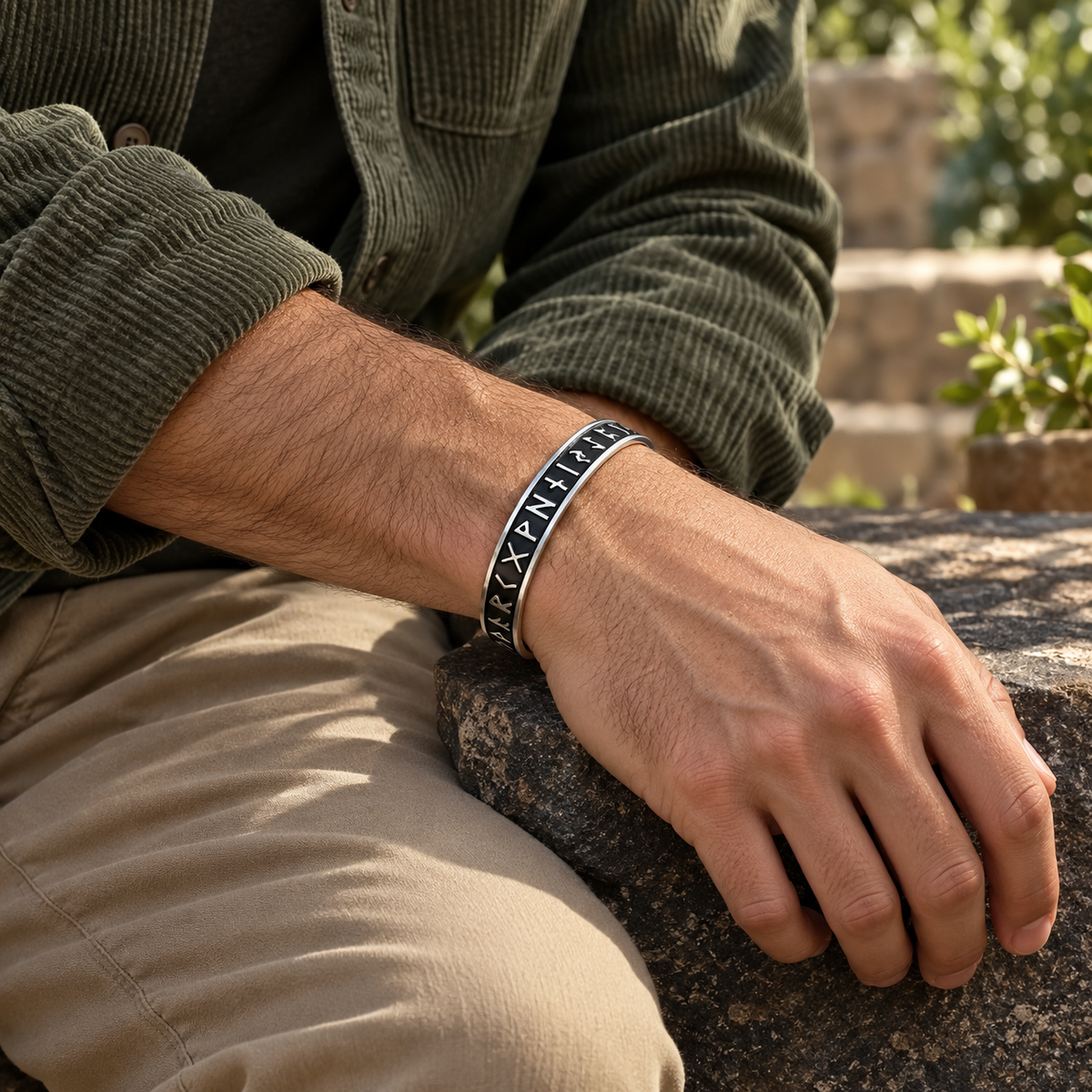 Men's Raised Rune Cuff Bracelet in Steel; Silver-Tone and Black Finish – contextual scene, on wrist