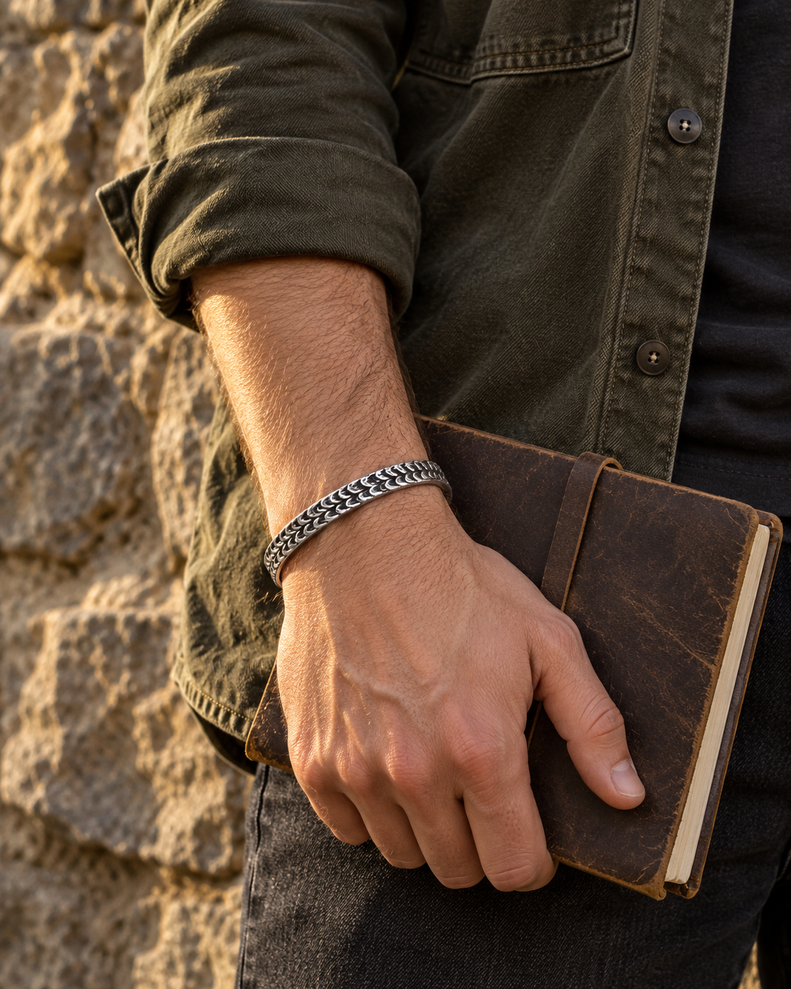 Men's Dragon Scale Cuff in silver-tone Steel – contextual scene, on wrist