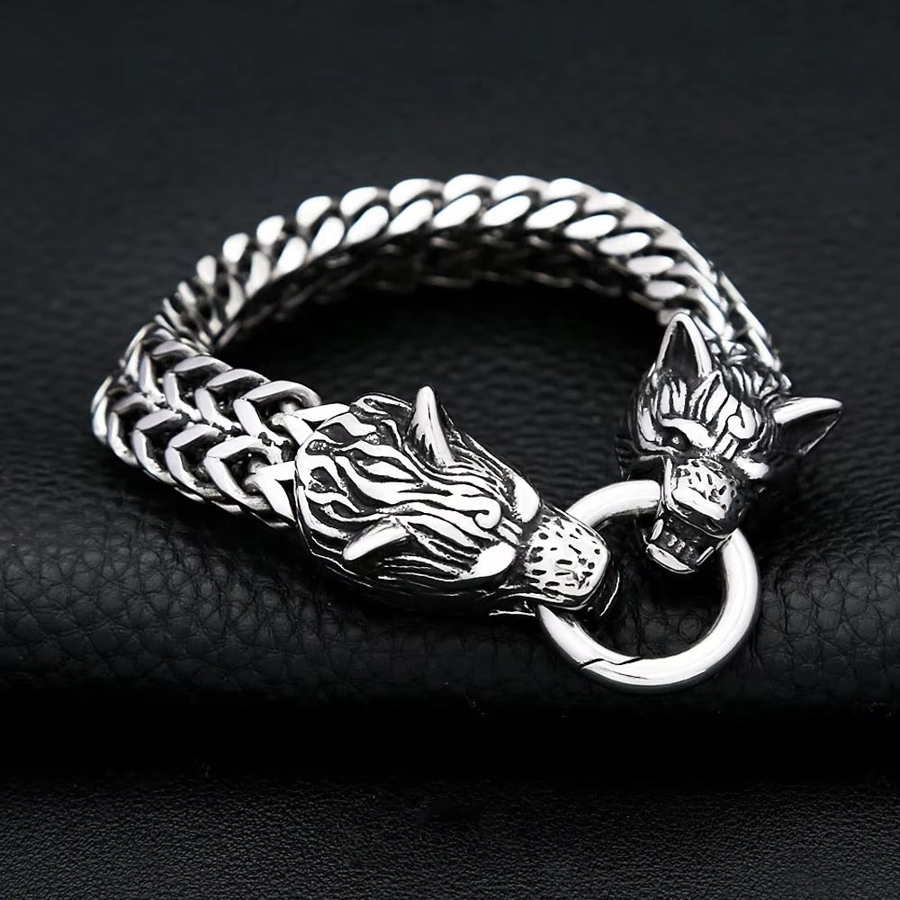 Men's Twin Wolf Ring Bracelet in Silver-Tone Steel – original detail of the wolf heads and linked body