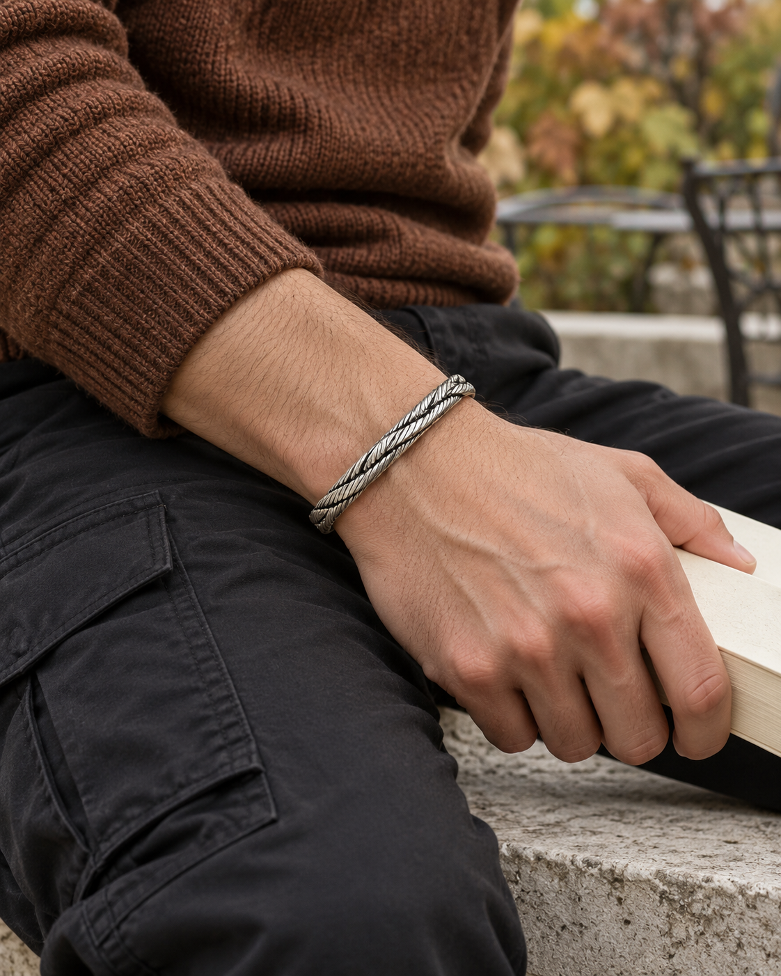 Men's Diagonal Braid Sterling Silver Cuff in Sterling Silver – contextual scene, on wrist