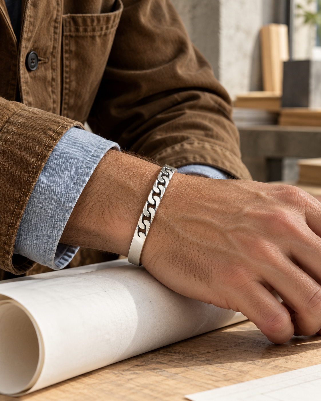 Men's Curb Front Sterling Silver Cuff in Sterling Silver – contextual scene, on wrist with a tobacco cotton jacket and blue oxford cuff
