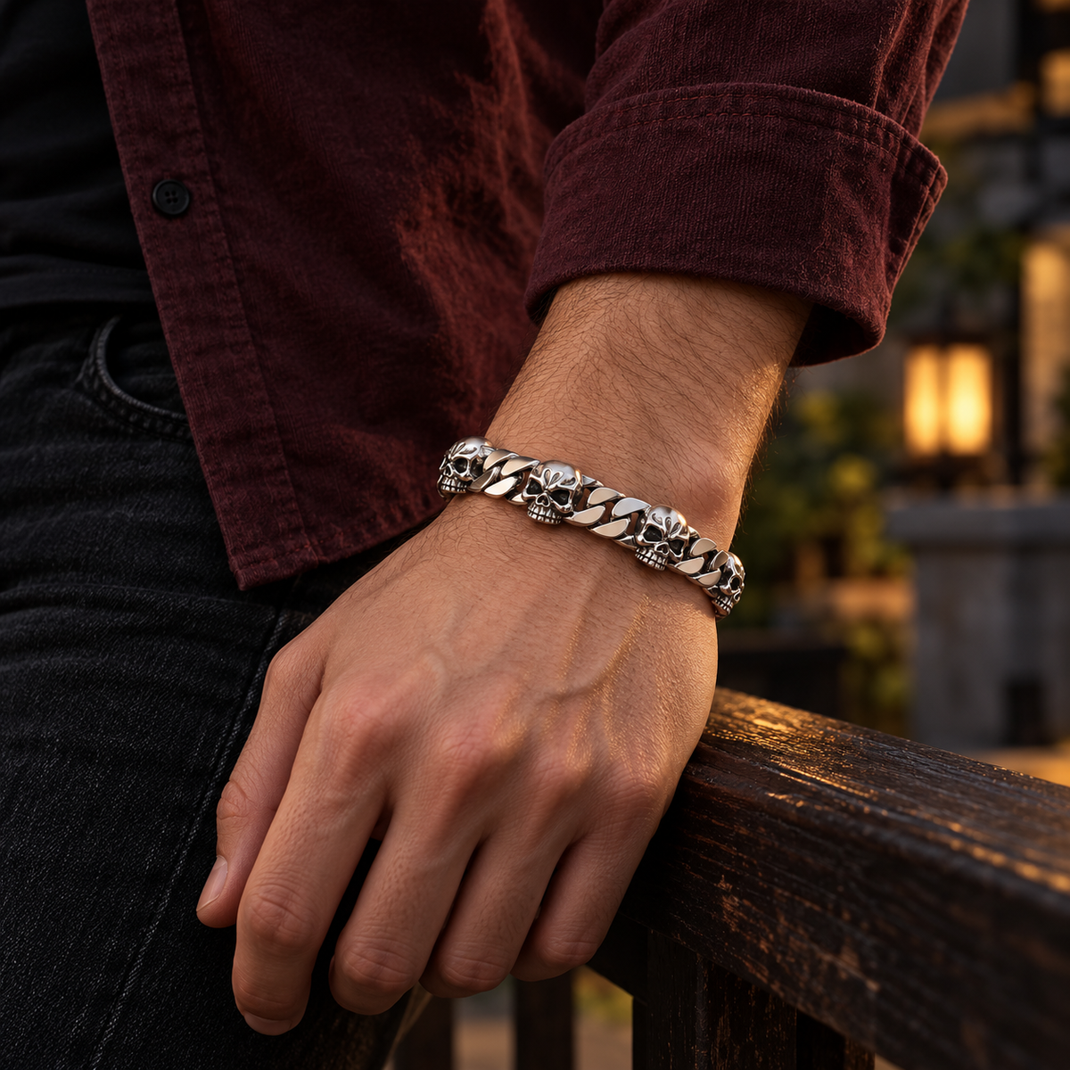 Men's Spaced Skull Curb Bracelet in Sterling Silver – contextual scene, on wrist