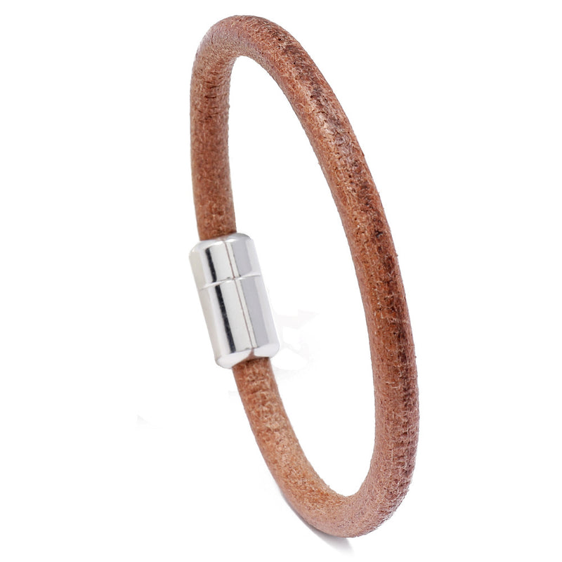 Men's Plain Leather Cord Bracelet in Brown – front view