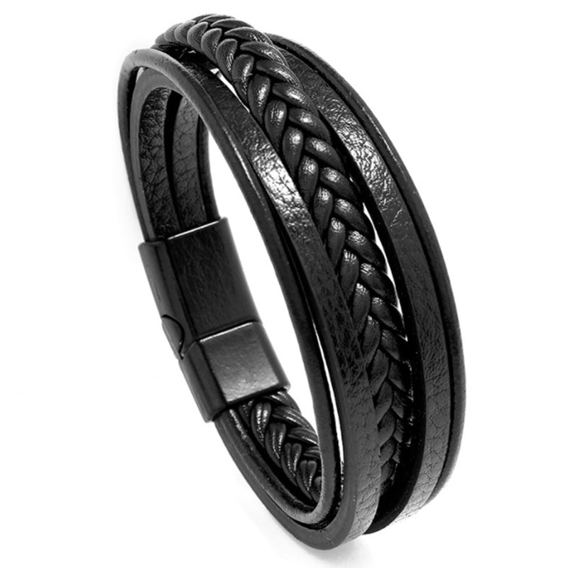 Men's Parallel Leather Braid Bracelet in Black – front view
