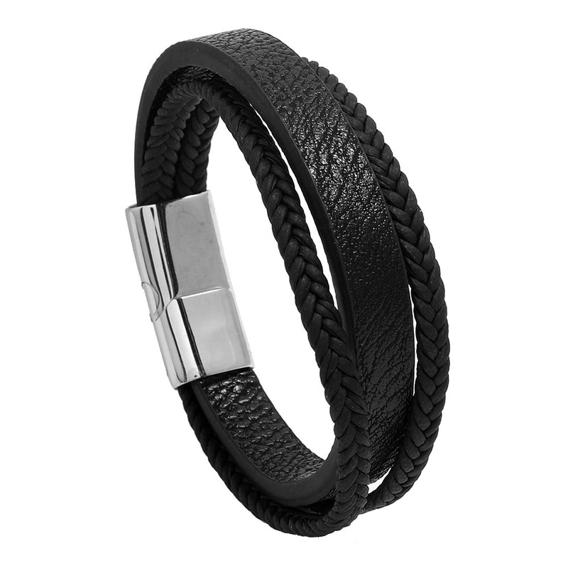 Men's Grain and Braid Layer Bracelet in Black – front view