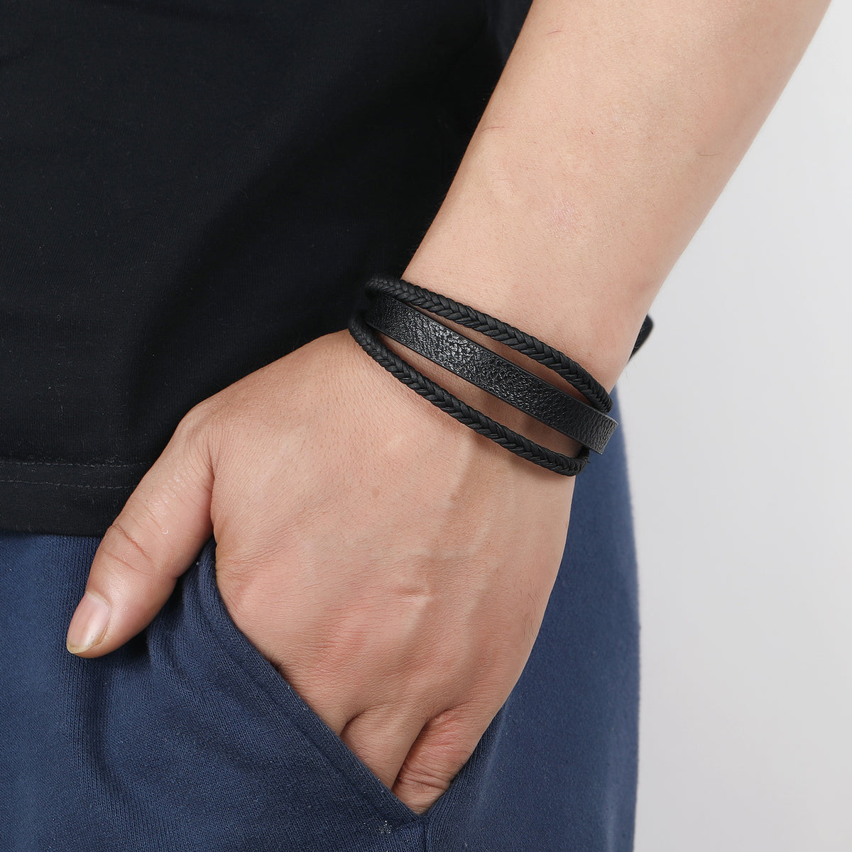 Men's Grain and Braid Layer Bracelet in Black – contextual scene, on wrist