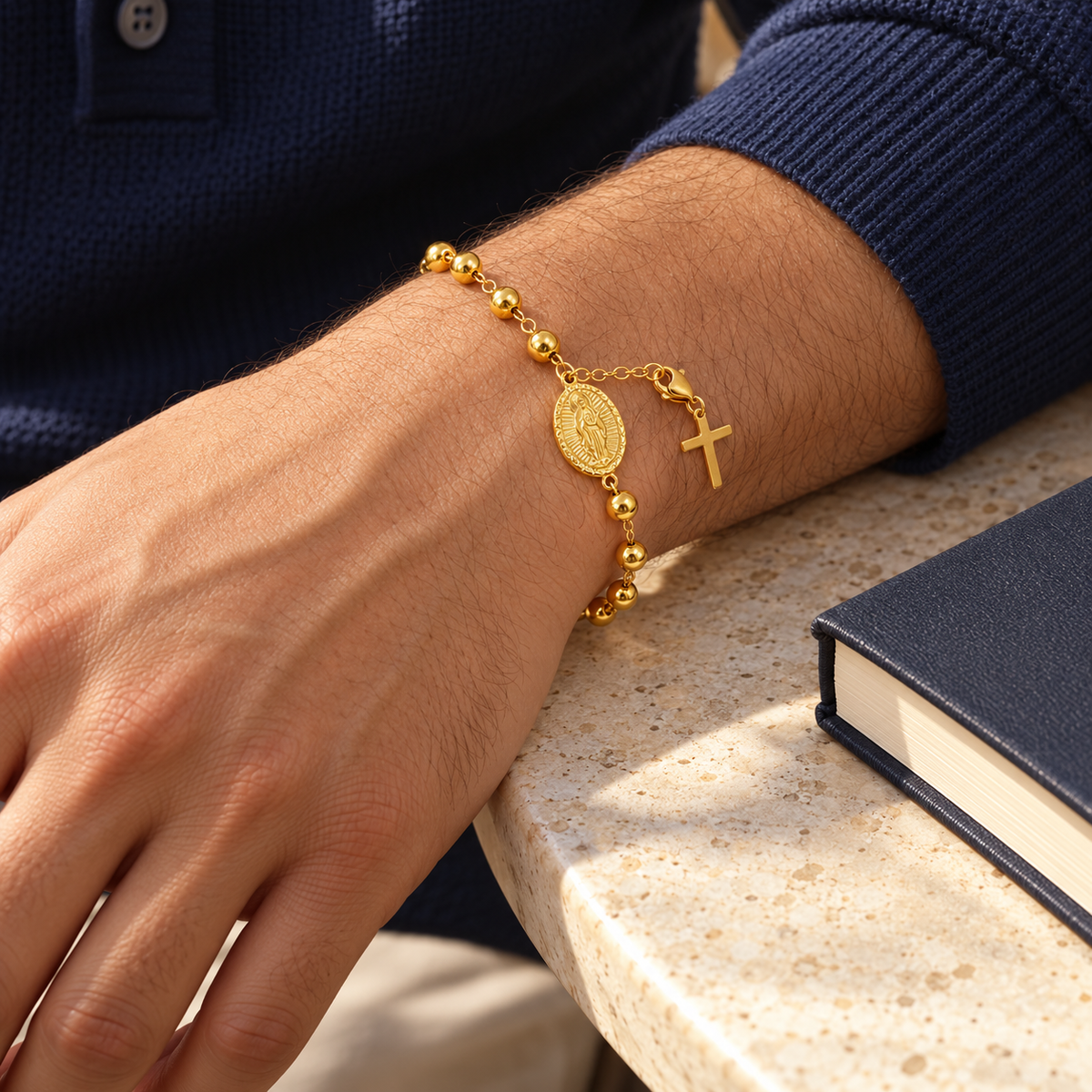 Men's Radiant Medal Rosary Bracelet in 18K Gold Plated Steel – contextual scene, on wrist