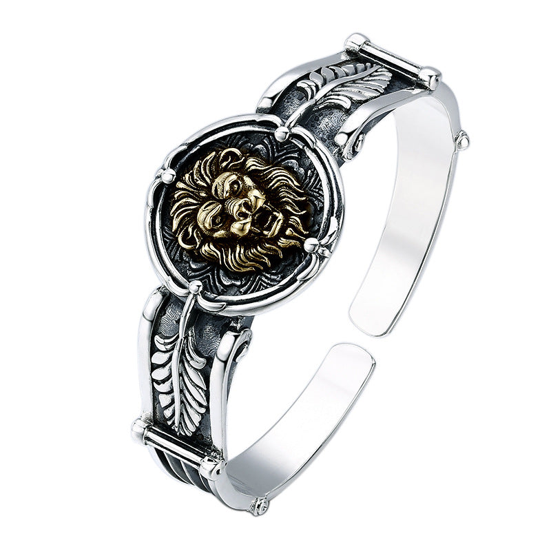 Men's Lion Medallion Sterling Silver Cuff in Silver and Gold-Tone – front view