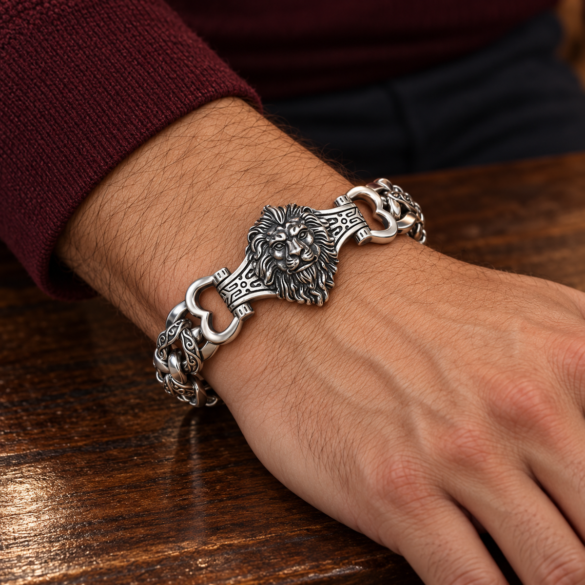 Men's Lion Crest Panel Bracelet in Sterling Silver – contextual scene, on wrist