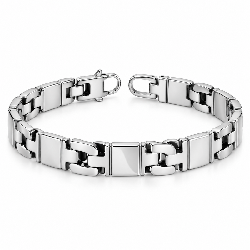 Men's Mirror Panel Link Bracelet in Steel; Silver-Tone Finish – front view