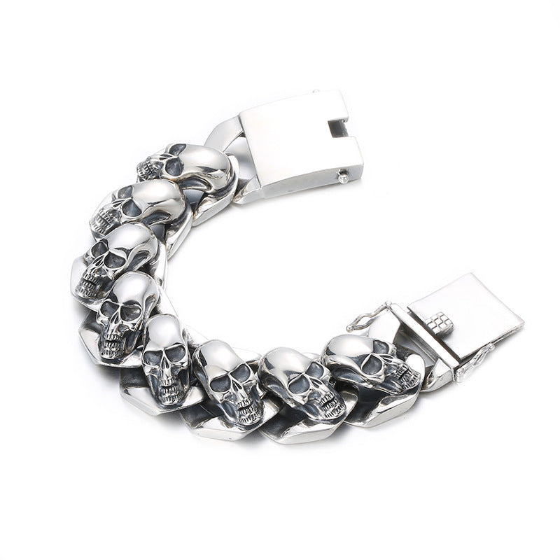 Men's Skull Curb Sterling Silver Bracelet in Sterling Silver – front view with open clasp
