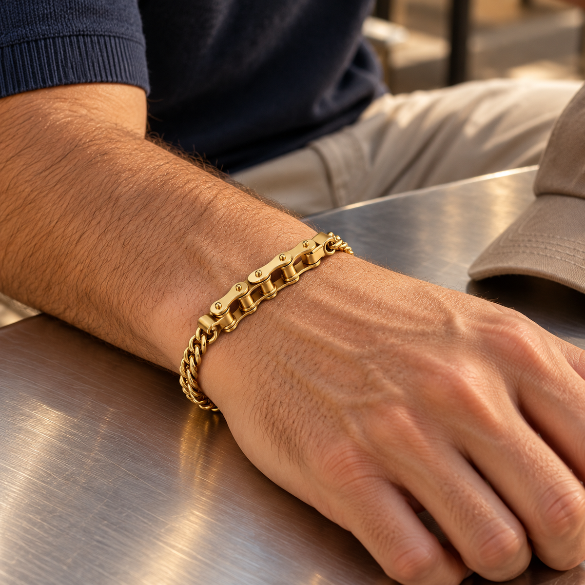 Men's Roller Weave Gold Plated Bracelet in Gold-Tone Gold Plated Steel – contextual scene, on wrist