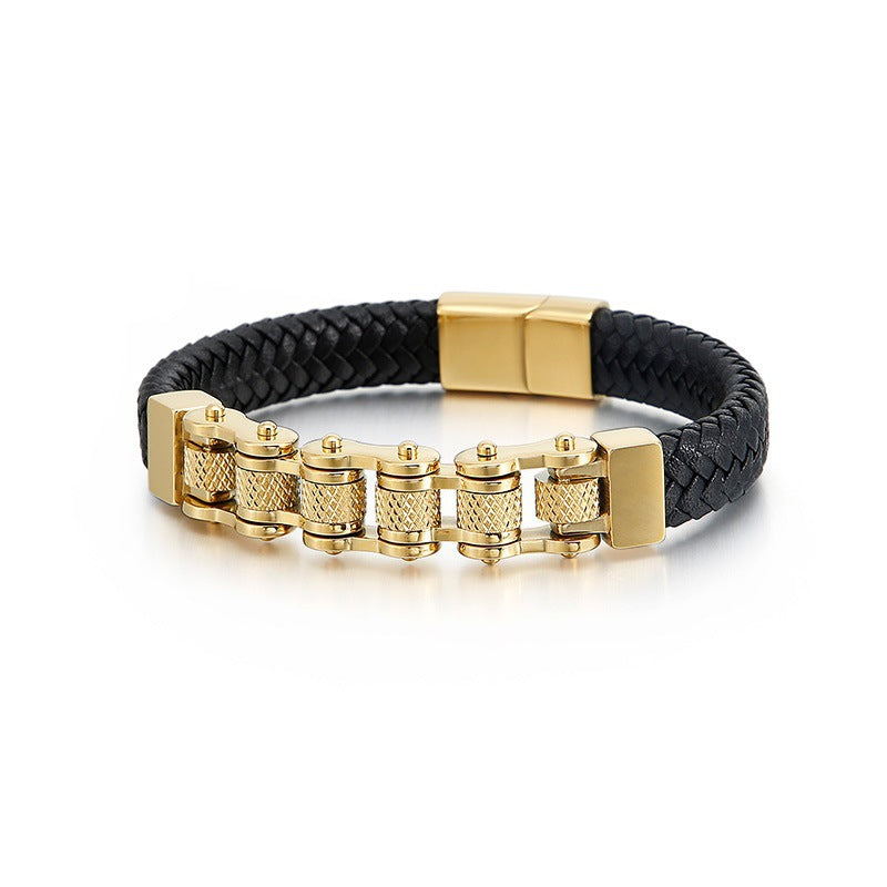 Men's Roller Braid Faux Leather Bracelet in Black and Gold Plated Steel – front view with Gold-Tone rollers