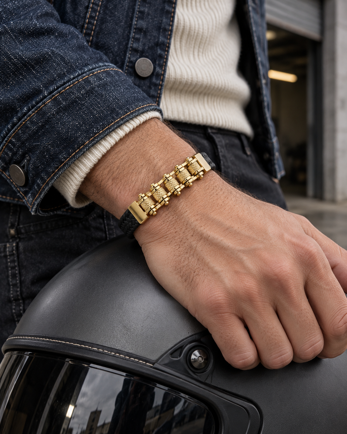 Men's Roller Braid Faux Leather Bracelet in Black and Gold Plated Steel – contextual scene, on wrist with indigo denim and a graphite helmet