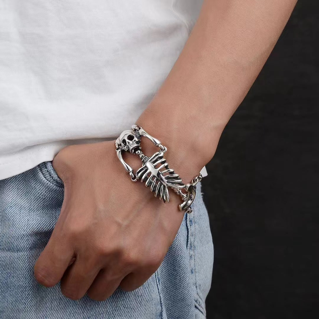 Men's Rib Cage Skeleton Bracelet in Sterling Silver – contextual scene, on wrist