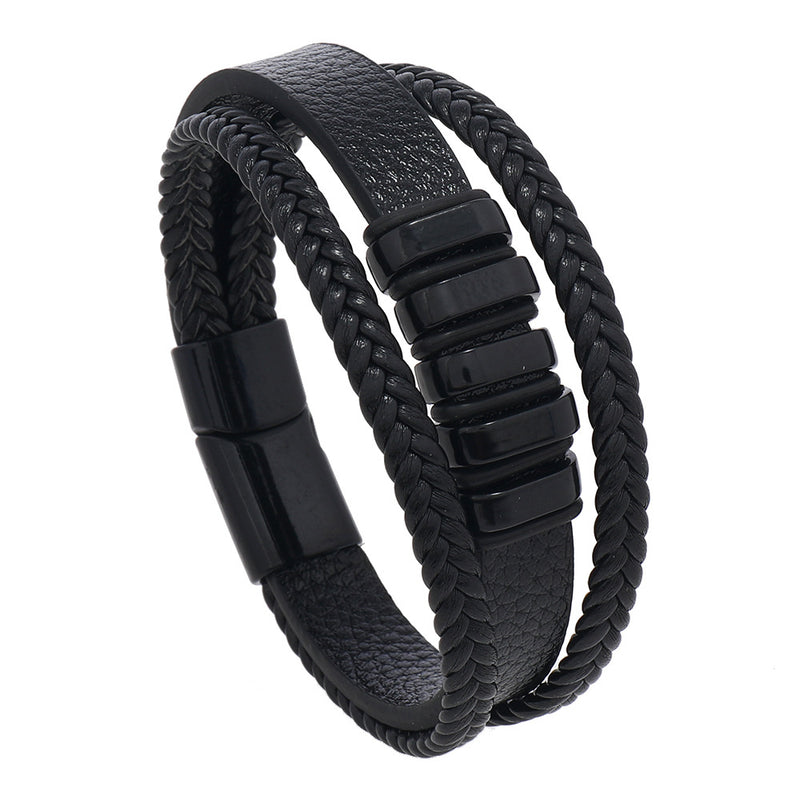 Men's Five Bar Leather Layer Bracelet in Black – front view