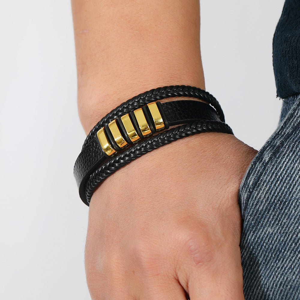 Men's Five Bar Faux Leather Layer Bracelet in Gold-Tone Hardware – contextual scene, on wrist