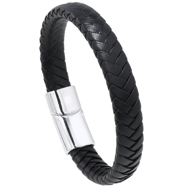 Men's Flat Plait Bracelet in Black – front view